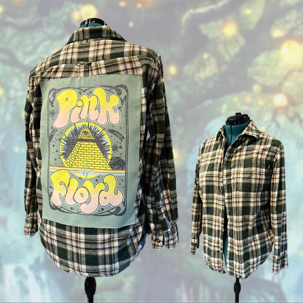 Upcycled Pink Floyd Flannel | Eddie Bauer Size M | Glitter Graphic Patch